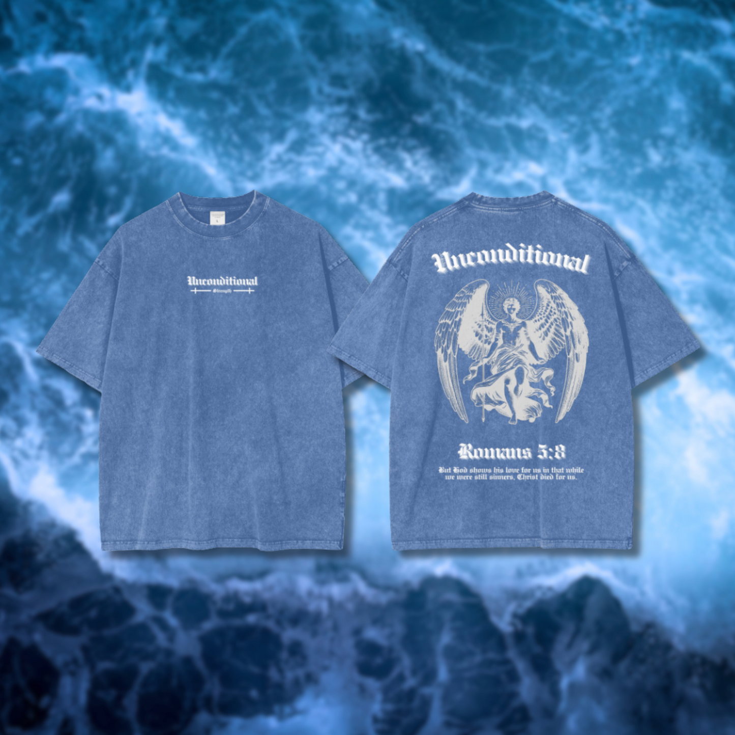 UNCONDITIONAL 005 "STRENGTH" Acid Wash Oversized Graphic Tee