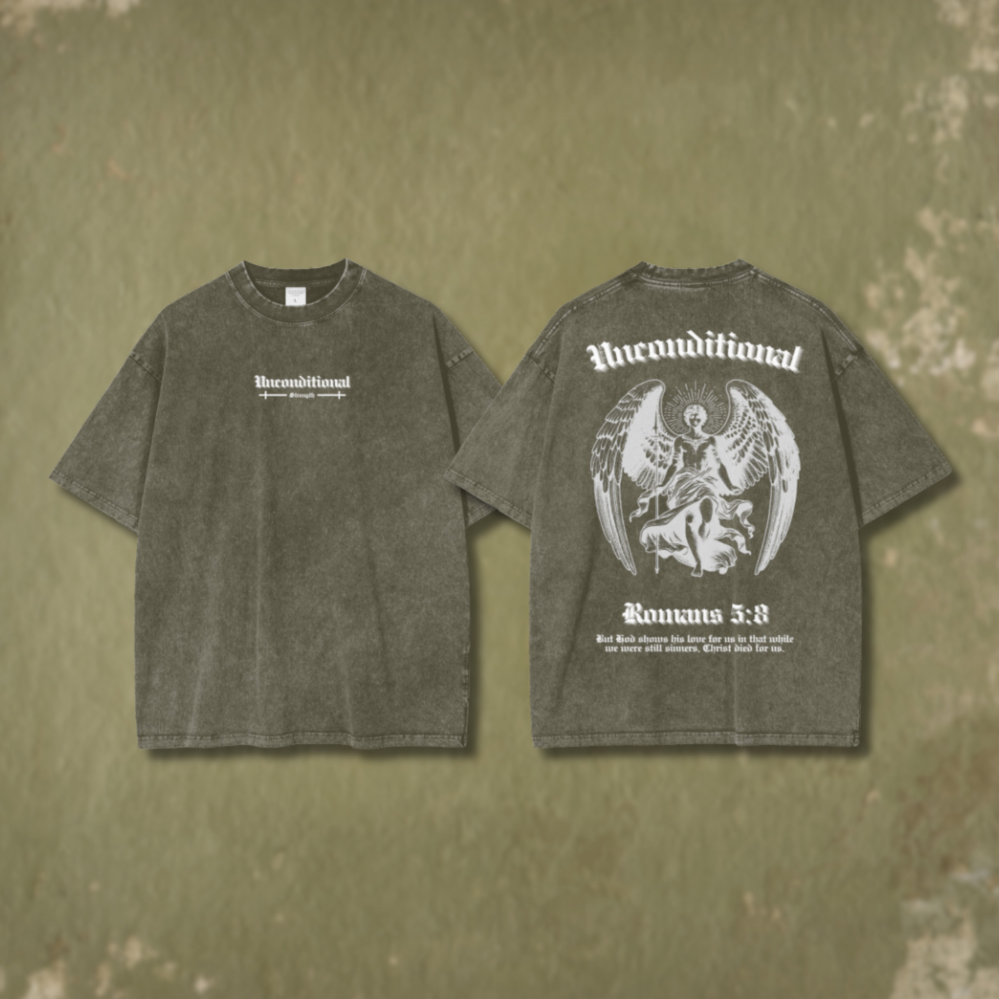 UNCONDITIONAL 005 "STRENGTH" Acid Wash Oversized Graphic Tee